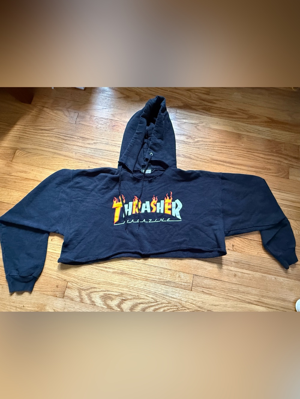 Thrasher Black Cropped Hoodie with Flame Logo
